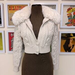 Cream Cable Knit Cropped Cardigan Faux Fur Collar